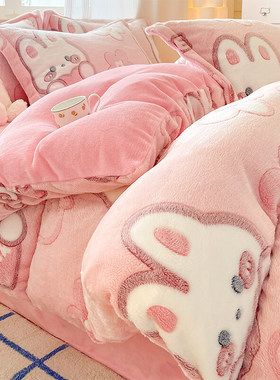跨境冬季加绒雪花绒四件套单人牛奶绒被套珊瑚绒双面绒被罩床单