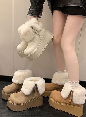 时尚百搭厚底雪地靴女2025秋冬季新款复古加绒防滑舒适松糕短靴子