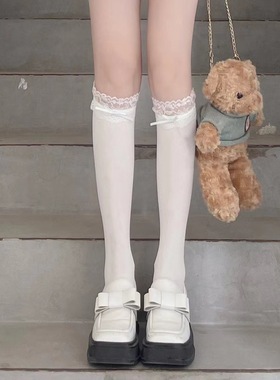 薄款蕾丝花边白色天鹅绒光板小腿袜丝带蓝蝴蝶结日系jk甜美及膝袜