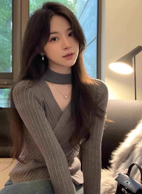 挂脖针织衫打底衫女内搭秋冬高级感镂空毛衣2025新款中领上衣