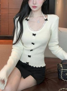 秋冬新款修身蝴蝶结挂脖针织上衣女装法式蕾丝拼接圆领长袖针织衫