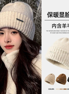 帽子女秋冬季2024新款护耳堆堆针织保暖毛线帽大头围包头冷帽冬天
