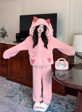 珊瑚绒睡衣女秋冬季加绒加厚新款爱心口袋法兰绒家居服套装可外穿