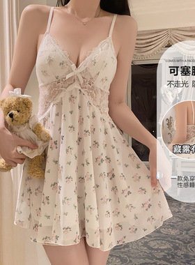 瑰若品牌内衣纯欲诱惑加胸垫甜美碎花透视蕾丝睡裙家居套装C4751