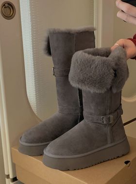 厚底加绒2025年冬季毛毛翻边保暖短靴棉鞋中筒雪地靴女抗寒长靴女