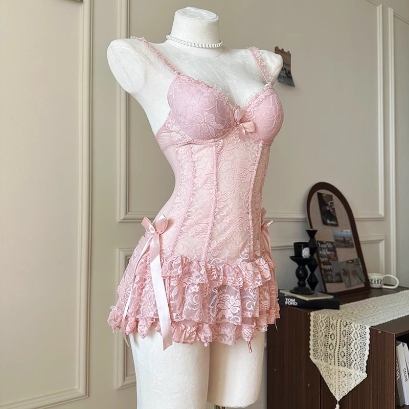 法式性感睡衣女夏季2025新款纯欲吊带蕾丝睡裙修身钢托聚拢带胸垫