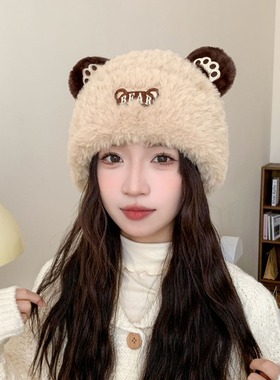 秋冬季可爱小熊女加绒帽子毛绒新款韩版针织帽百搭保暖护耳厚时尚