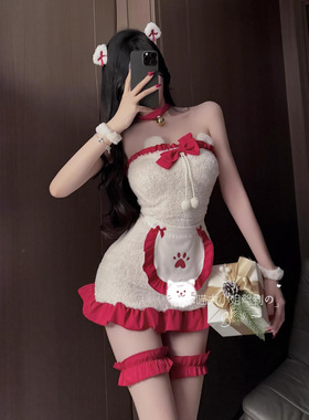 圣诞节服装性感纯欲可爱女仆装毛绒氛围感抹胸包臀裙圣诞连衣裙
