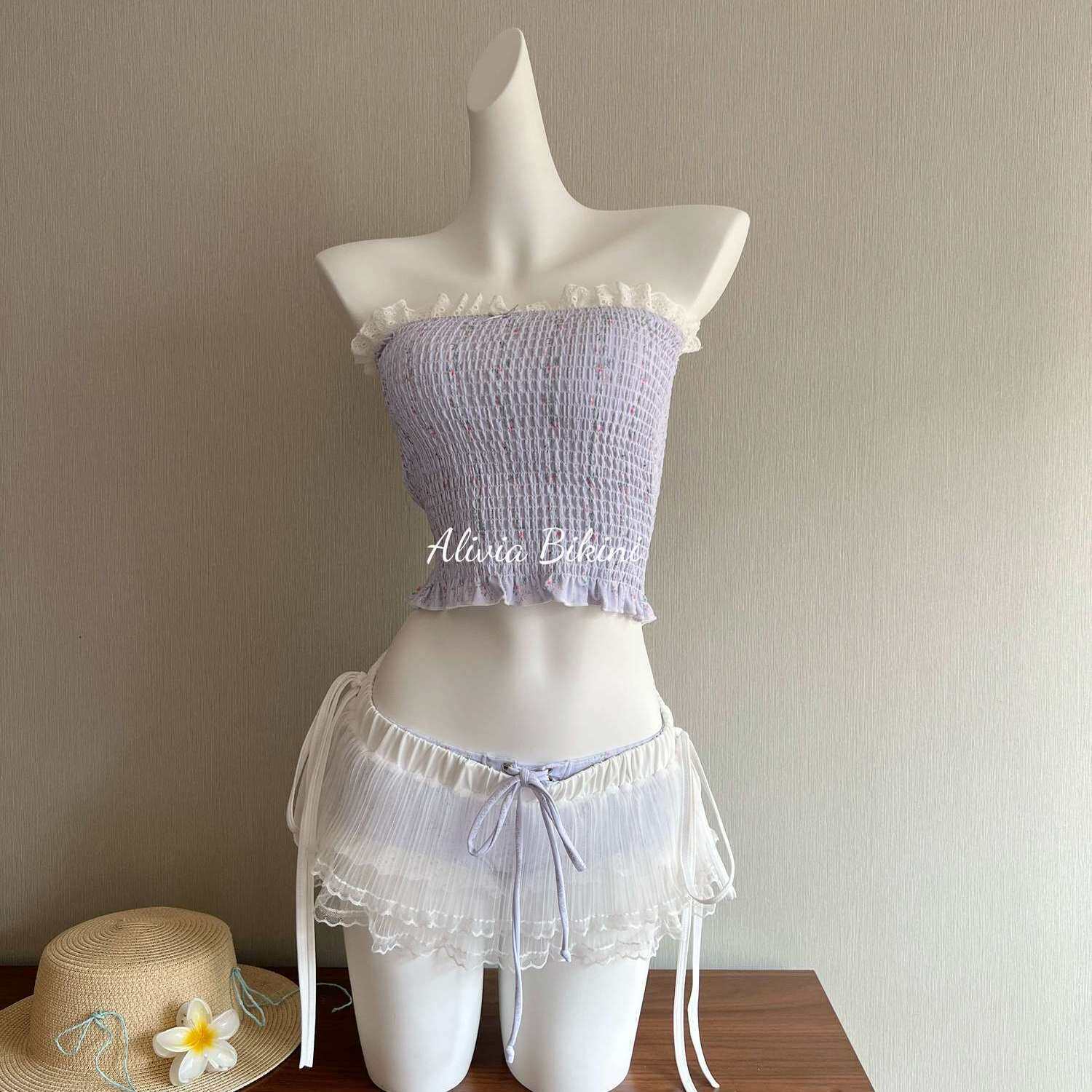 【甜心雪莉】蕾丝碎花甜美比基尼显瘦度假风泳衣海边温泉泳衣女