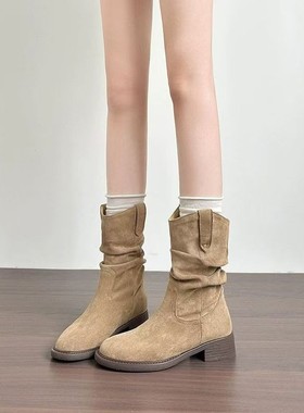 女鞋百搭堆堆靴女2025新款秋季V口显瘦中筒靴子褶皱堆堆马丁靴