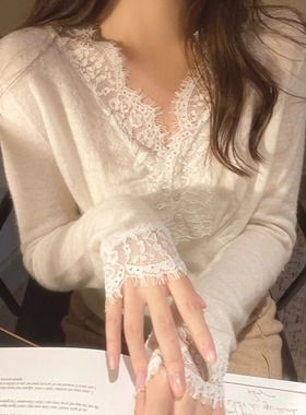 一件代发春季秋冬蕾丝拼接V领针织上衣女单排扣内搭毛衣打底衫