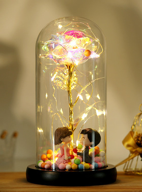 情人节礼物七彩24k金箔花彩金仿品带灯永生玫瑰花玻璃罩礼盒套装