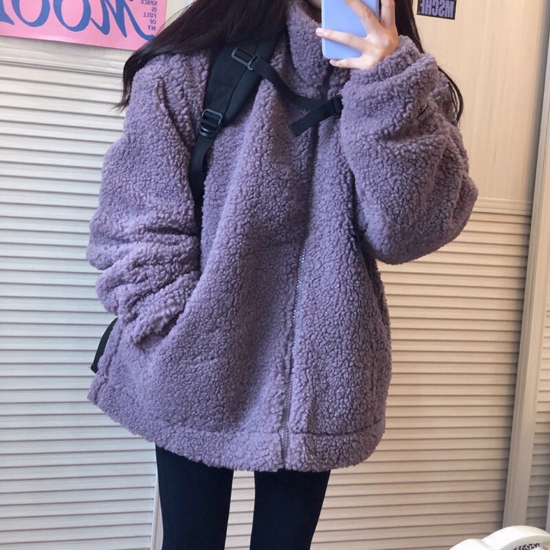 紫色羊羔毛休闲外套女2023年短外套