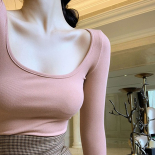 性感纯欲2025春季内搭长袖t恤上衣显胸修身低领大U领紧身打底衫女