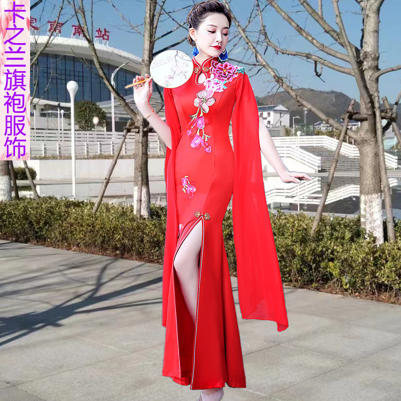 宴会演出优雅妈妈装长款水袖旗袍