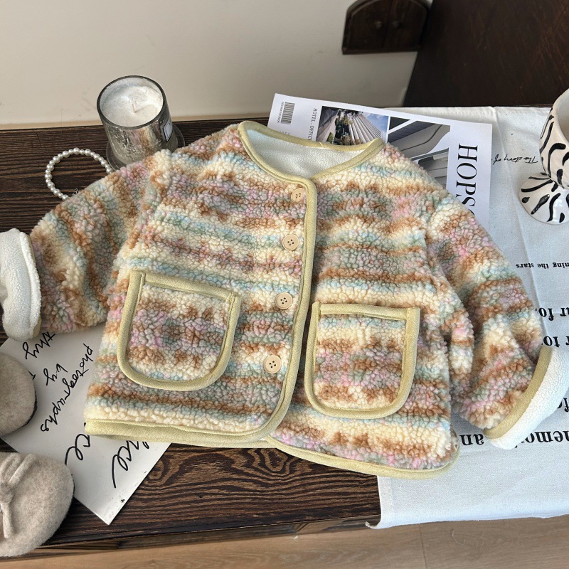 韩版童装2025新款秋冬女童条纹毛毛衣外套儿童保暖加厚羊羔毛