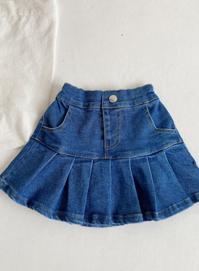 女童牛仔百褶裙裤童装2024夏款韩版女弹力短裙半身裙子52901