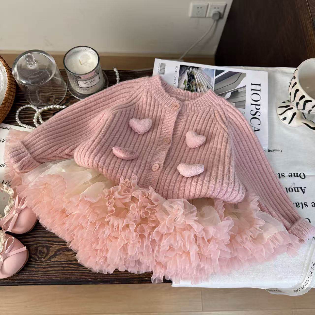 韩版童装2025新款秋冬女童爱心毛衣开衫儿童蓬蓬tutu公主裙两件套
