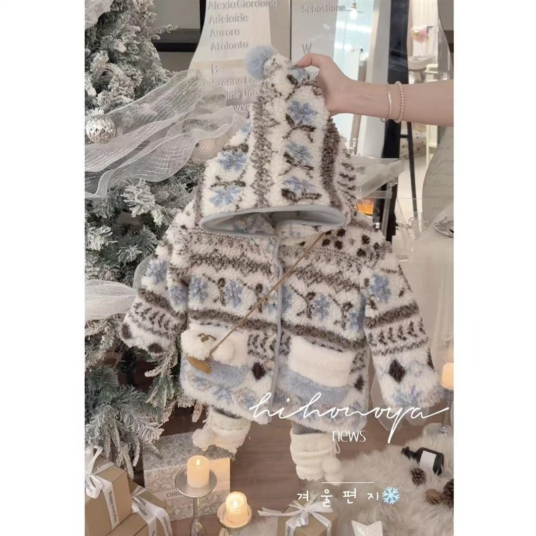 韩国童装2025年冬季亲子费尔岛羊羔毛连帽外套女童保暖衣服31370