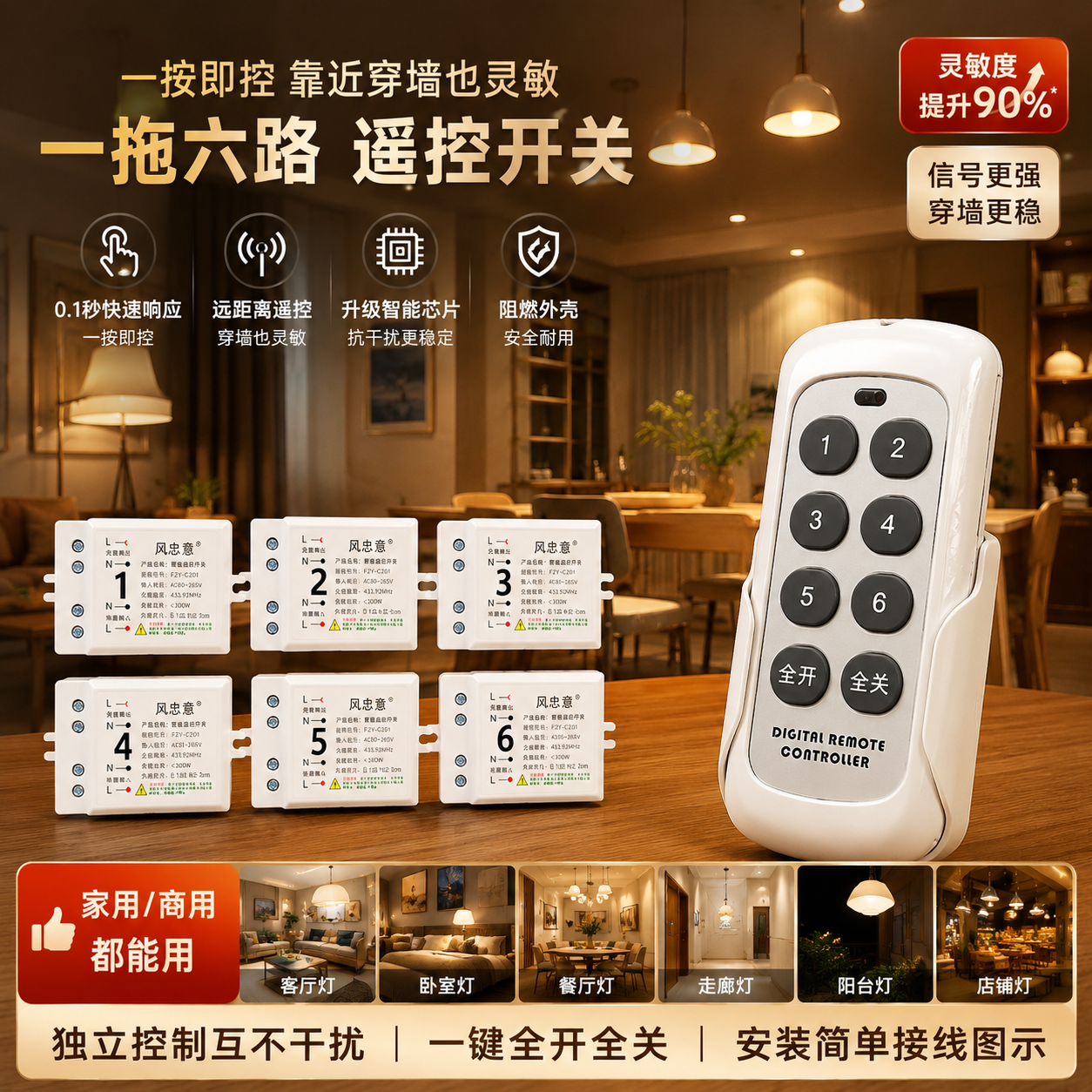 家用无线遥控开关多路灯电源控制器220v室内智能远程防干扰遥控器
