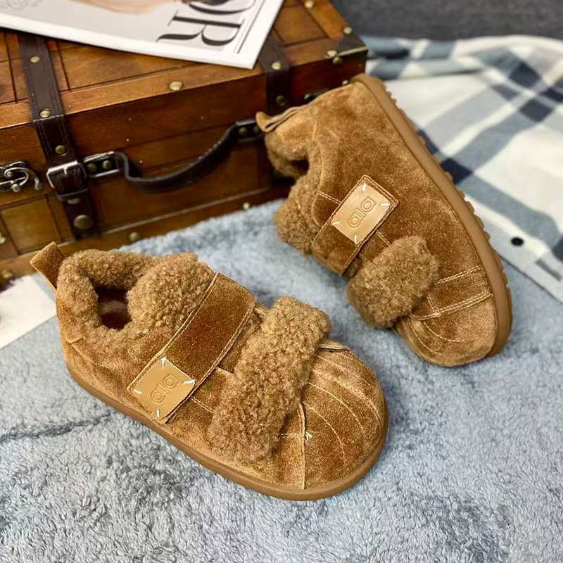 魔术贴头层牛皮板鞋卡皮巴拉新款贝壳头毛毛面包鞋雪地靴女棉鞋子