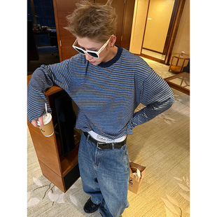 ESC MAN STUDIO/自制 休闲圆领条纹长袖T恤 宽松上衣打底衫