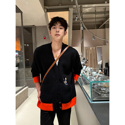 ESC MAN STUDIO/自制 秋冬设计感V领针织开衫拼色休闲毛衣外套