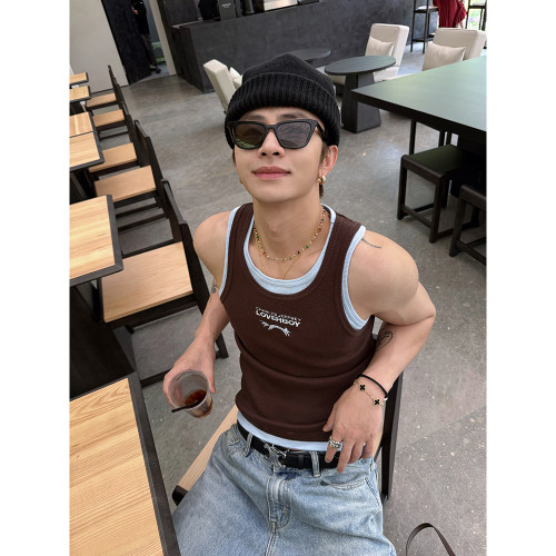 ESC MAN STUDIO/自制 拼色叠穿感假两件印花夏季休闲背心马甲
