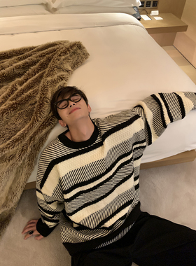 ESC MAN STUDIO/自制 CHIC风个性条纹拼色 宽松百搭质感套头毛衣