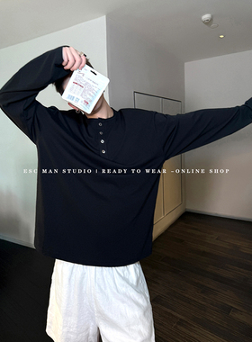ESC MAN STUDIO/自制 慵懒风亨利领纯色柔软舒适感休闲长袖T恤tee