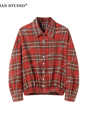 ESC MAN STUDIO/自制 复古做旧感格子衬衫松紧下摆落肩上衣