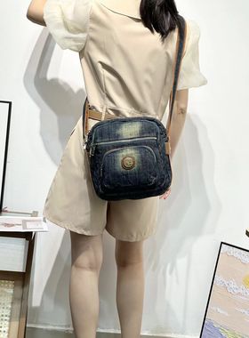 iPinee小众设计新款牛仔布单肩斜挎包休闲大容量多层复古Demin包
