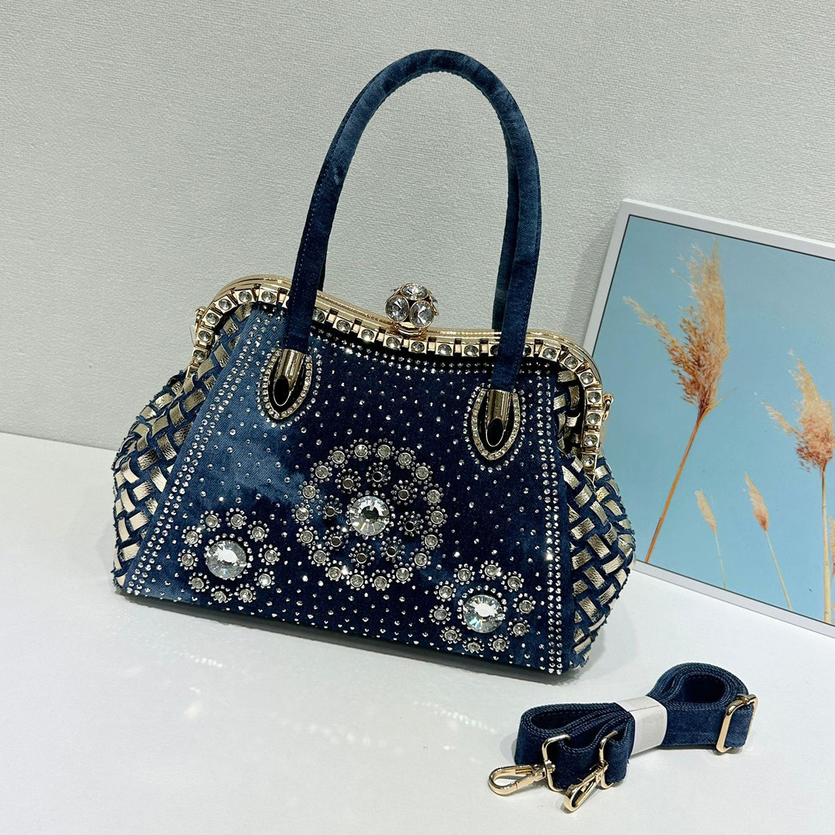欧美时尚烫钻牛仔包镶钻编织夹子大容量手提单肩斜挎包百搭通勤包
