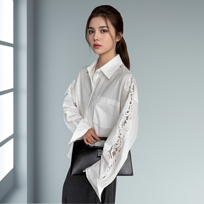 白色春夏原创小众蕾丝袖宽松衬衫