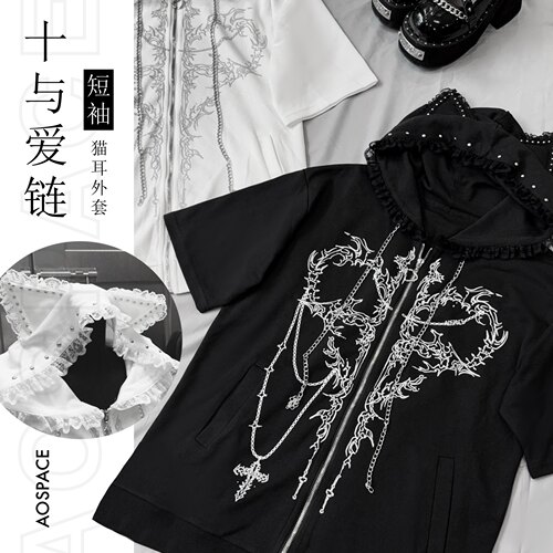 缺氧外太空猫耳短袖连帽拉链T恤