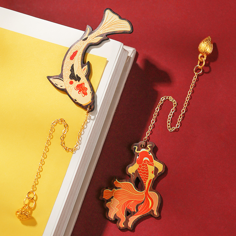 古典中国风木质书签精美文创套装 锦鲤红木书签创意古风流苏小礼品 教师节送老师实用纪念品手工diy定制刻字