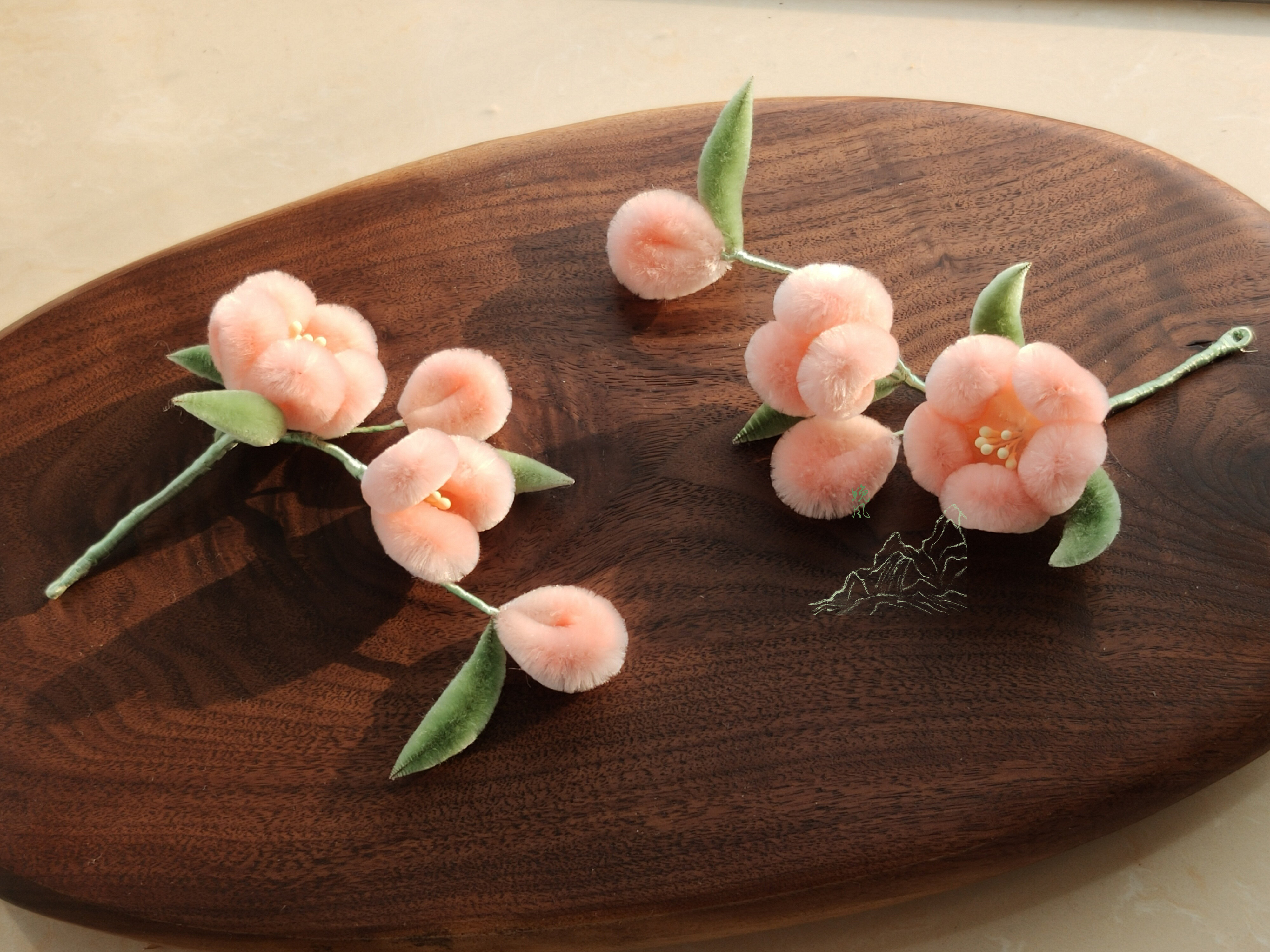 晚风原创设计非遗绒花小粉桃花毛茸款蚕丝线古风汉服发饰发钗夹簪