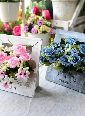 复古木质相框花店花艺课花盆家居插花盆灰色白色相框花篮花器编织