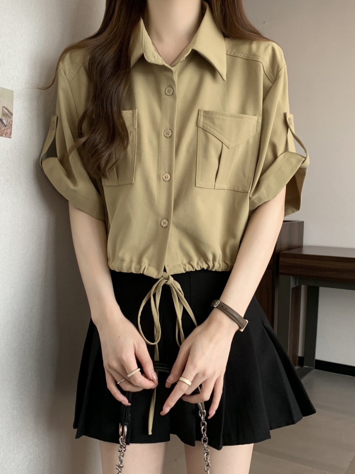 독특하고 독특한 폴로 칼라 오른쪽 어깨 여성용 반팔 셔츠 여름 플러스 사이즈 지방 MM 드로스트링 허리 작업복 짧은 탑