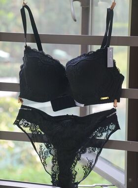 欧美单优雅复古蕾丝黑色薄杯钢圈文胸内衣套装75cC80C90C95C
