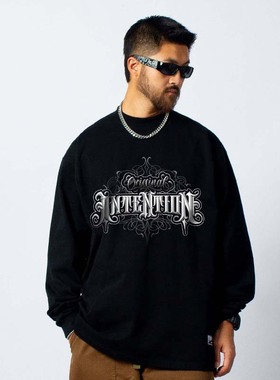 HOZIN联名款嘻哈街舞说唱小领口宽松长袖T恤西海岸奇卡诺花体说唱