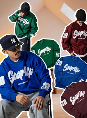 FCHOOD发财虎美式重磅刺绣字母棒球夹克V领套头长袖上衣宽松外套