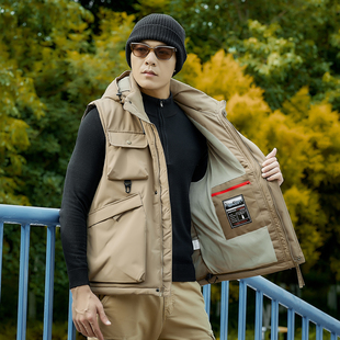 男士 休闲可拆连帽背心防风加厚保暖马夹多袋坎肩外套 马甲秋冬新款