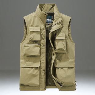 春秋马甲男款大码宽松户外摄影钓鱼多口袋工装坎肩立领薄款马夹夏