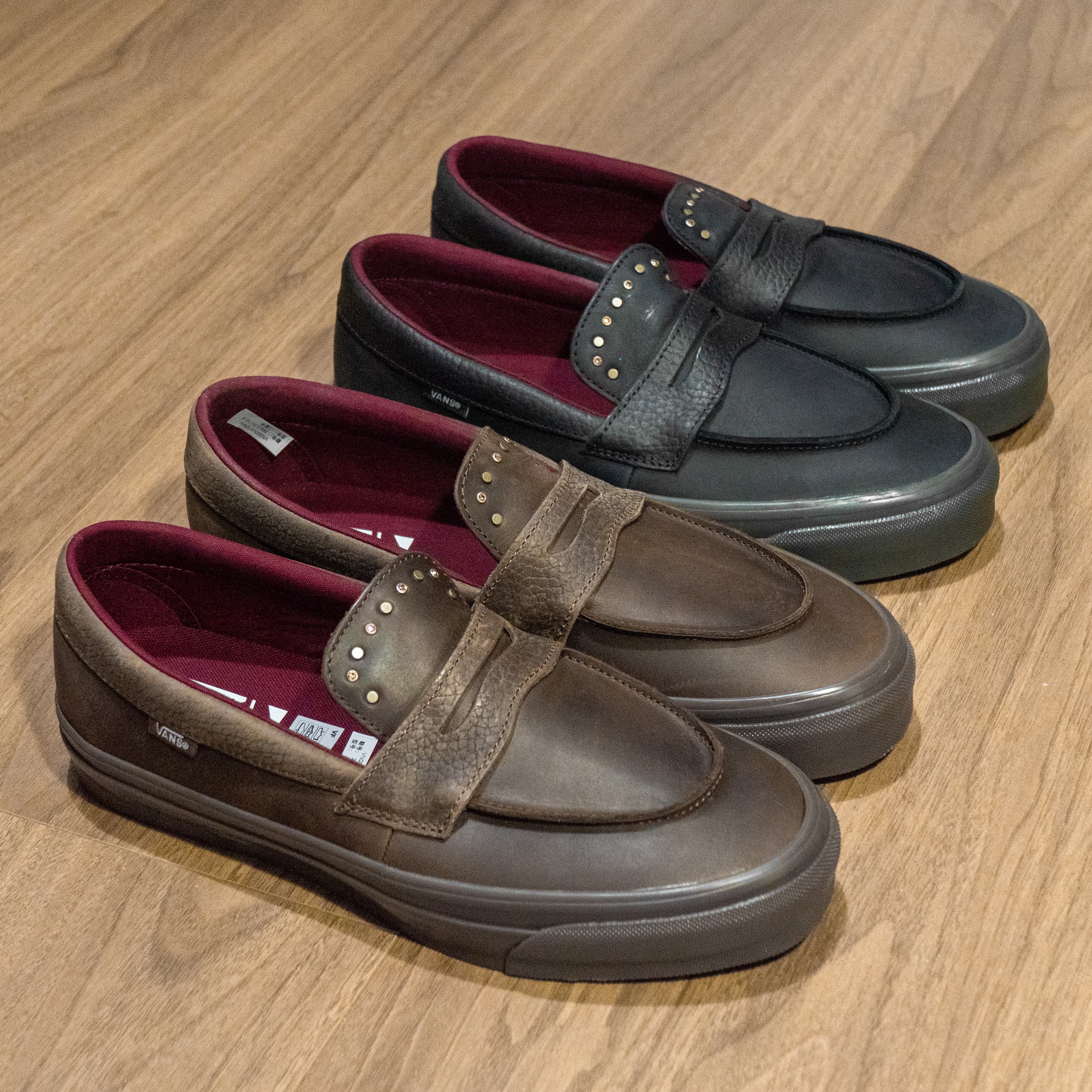 Vans Premium Loafer棕色黑色皮革铆钉复古休闲乐福鞋一脚蹬板鞋