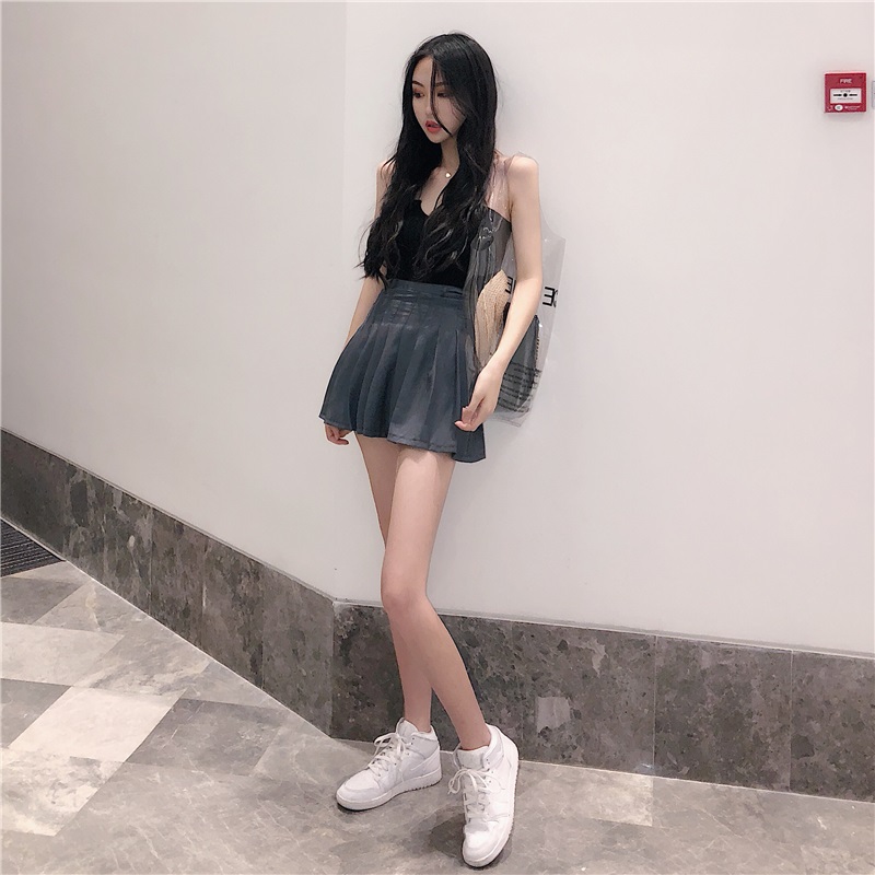 FWBS灰A字TB风校园格子防走光高腰百褶女神半身西装裙裤短女