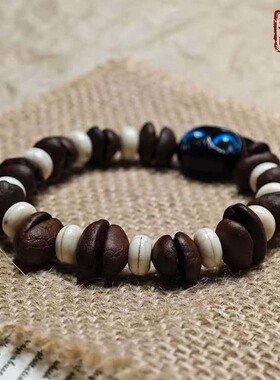 天然手工咖啡豆手链 蓝眼黑猫头森系复古白隔珠甜酷小众闺蜜礼物