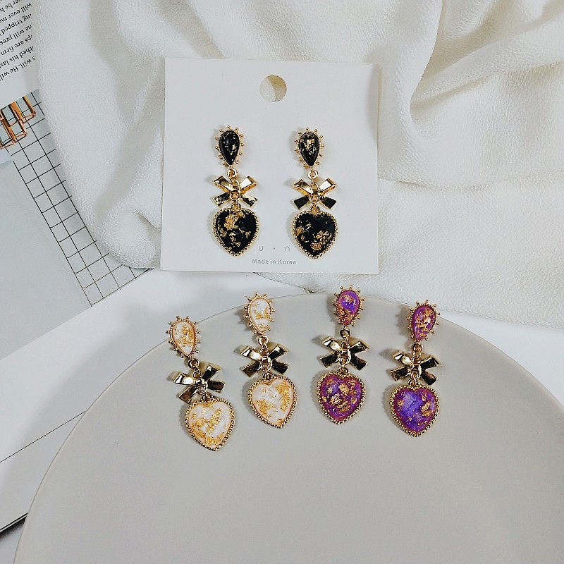 青岛s925银针韩国质感树脂金箔爱心水滴蝴蝶结耳钉港风小众耳环女