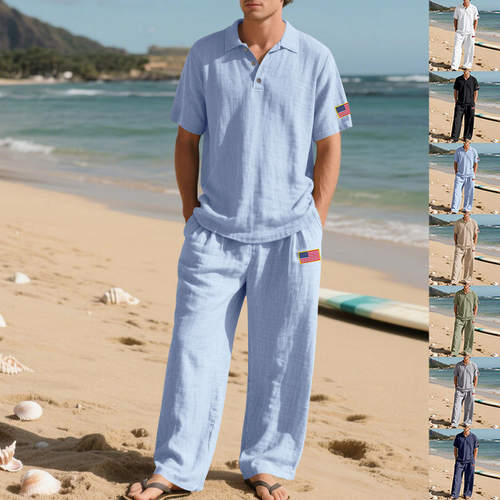 跨境亚马逊夏季宽松男士沙滩亚麻透气休闲大码翻领独立日长裤套装
