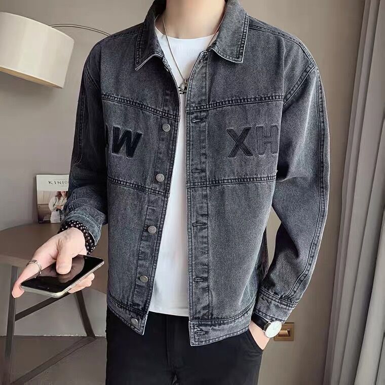 潮牌牛仔外套男春秋季新款港風(fēng)潮流修身痞帥復(fù)古刺繡男裝百搭?yuàn)A克